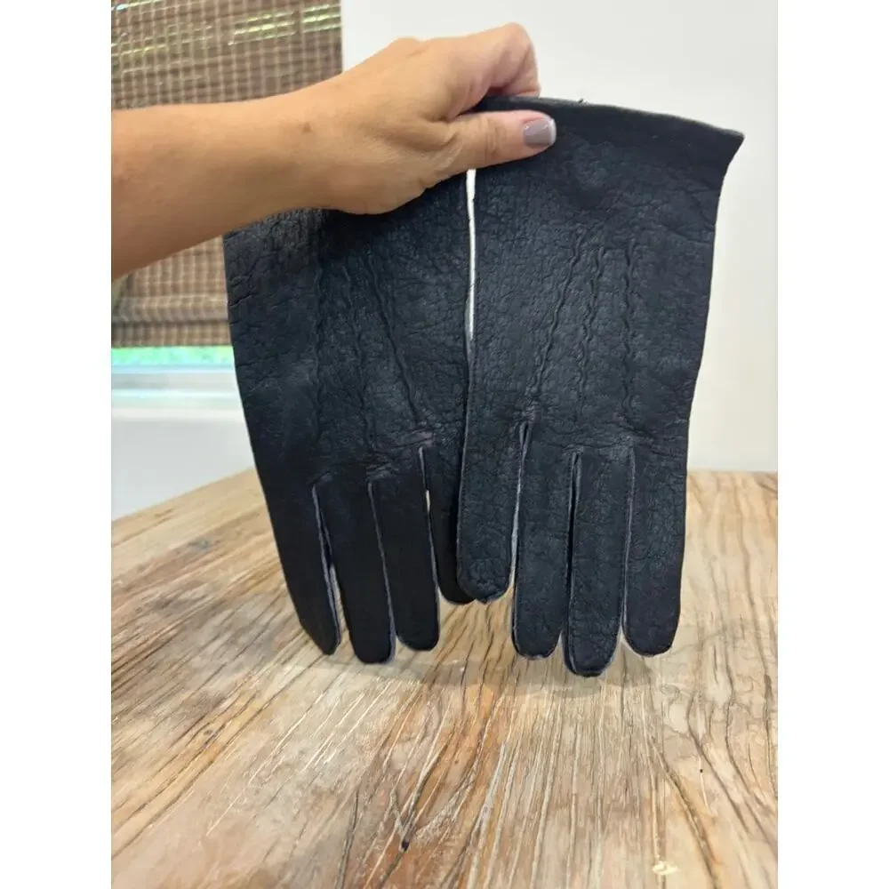 Vintage Black Leather Gloves Textured Grain, Classic Lined Winter Gloves NEW 9.5